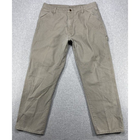 Rustler Jeans Mens 34x31 Beige Workwear Carpenter Hammer Loop Distressed Denim - Picture 1 of 12